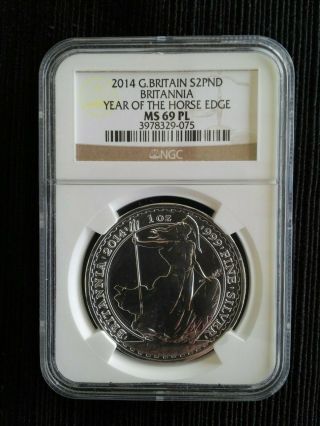 2014 Ngc Ms69 Pl Great Britain 2 Two Pound 1 Oz Silver Britannia Horse Privy