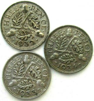Great Britain Coins,  Threepence 1932 & 1933 & 1934,  George V,  Silver 0.  500