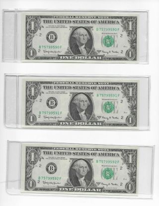 1963a Three Sequential $1 Federal Reserve Notes Fr - 1901 - B Gem Unc