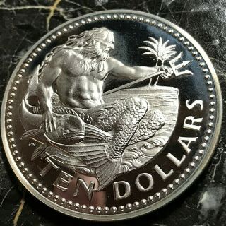 1976 Barbados $10 Silver King Neptune Proof Crown