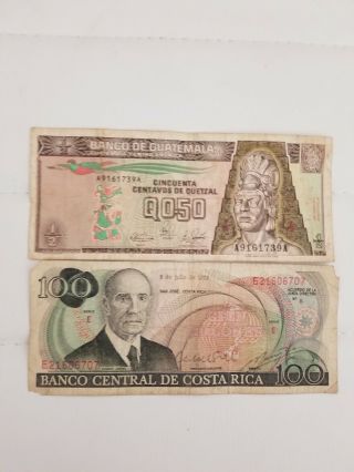 2 Vintage Guatemala Costa Rica Foreign World Currency Paper Money Bank Note Bill