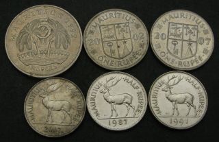 Mauritius 1/2,  1,  5 Rupees 1987/2007 - 6 Coins.  - 727