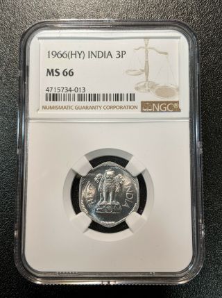 1966 Hy Ms66 India Republic 3 Paise Ngc Unc Km 14.  1 Top Grade Hyderabad