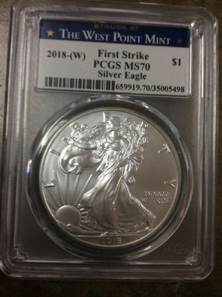 2018 (w) American Silver Eagle (1 Oz) First Strike West Point Label $1 Ms70 Pcgs