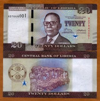 Liberia,  20 Dollars 2017 (2018),  P -,  Unc Redesigned,  Date