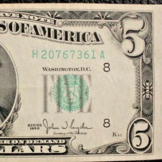1950 $5 Five Dollars H St Louis MO Federal Reserve Note H20767361A FR 1961H 811 4