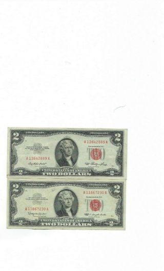Two (2) $2.  00 U.  S.  Notes Red Seal 1953/1963