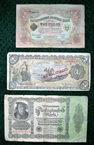 3 Very Old Well Bank Notes: Russia (1905),  Mexico (1914) And Germany (1922)