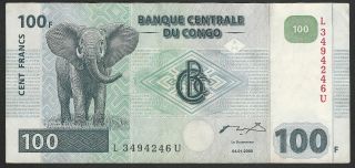 Congo 100 Francs 2000 Banknote Gently Circulated Depicting Elephant,  Hydro Dam
