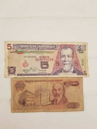 2 Vintage Guatemala Turkey Foreign World Currency Paper Money Bank Note Bill