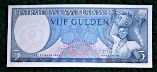 5 Gulden Bank Note From Suriname,  1963 Series,  Sn Cm090587,  Uncirculated