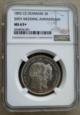 Denmark Silver 1892 Cs 2 Kroner Ngc Ms63,  50th Wedding Anniversary Km 800