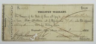 Austin,  Tx.  Treasury Warrant,  1862 $10 For Military Service I/c,  Fine - Fine,