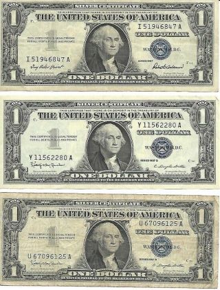 Set Of Three Us $1 Silver Certificate Bills - 1957 And 1957 B
