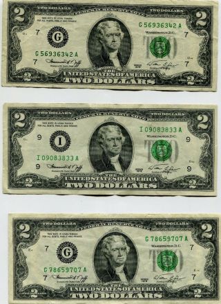 A10 Three Different Extra Fine 1976 $2 Dollar Bills Paper Currency Notes
