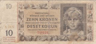 10 Korun Vg Banknote From Bohemia Moravia 1942 Pick - 8