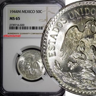 Mexico Estados Unidos Mexicanos Silver 1944 M 50 Centavos Ngc Ms65 Km 447
