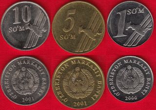 Uzbekistan Set Of 3 Coins: 1 - 10 Som 2000 - 2001 Unc