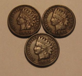 1891 1892 1893 Indian Head Cent Penny - Vg To Very Fine,  - 197su