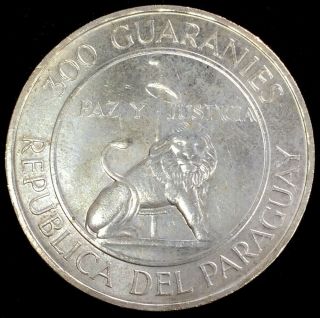 1968 Silver Paraguay 300 Guaranies President Stroessner Coin Unc