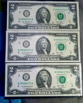 2013 - $2 Dollar Bill (3) Consecutive Serial Numbers Crisp Unc York.