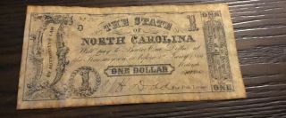 1866 “the State Of North Carolina” $1 One Dollar Note Raleigh Obsolete Currency