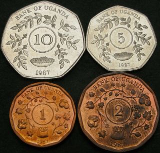 Uganda 1,  2,  5,  10 Shillings 1987 - 4 Coins - 635 ¤