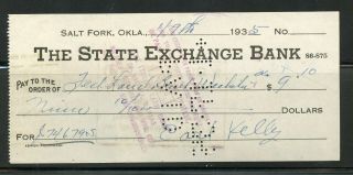 Us The State Exchange Bank Of Salt Fork,  Oklahoma Cancelled Check 1/9/1935