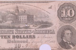 Series 1862 Confederate States Of America Richmond Virginia $10 Bank Note Y9