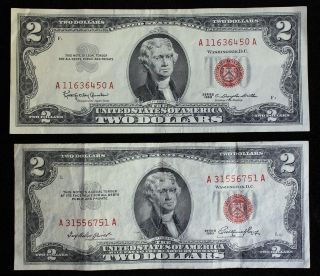 One 1953 & One 1963 Two Dollar Bill,  Red Seal - Circulated,
