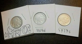 1919 P 1919 D 1919 S 5c Indian Head Buffalo Nickels Complete Year Set Combo