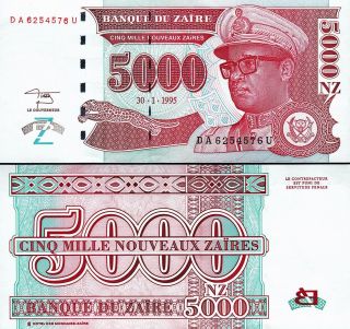 Zaire 5000 5,  000 Nouveaux Zaires 1995,  Uncirculated,  Hdmz,  P - 69