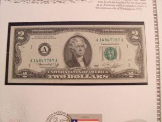 United States Banknote 2 Dollars 1976 Unc W/fdi Un Liberia Flag Stamp Prefix A
