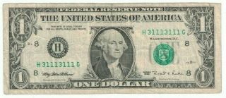 1995 Us $1 Dollar Bill H Fancy Serial Number Binary Repeater Mule Note H31113111