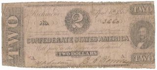 Confederate States Of America $2.  00 Bank Note,  T - 61,  Cr470,  Plt A,  Sn3660,  Good