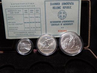 D79 Greece 1981 Silver Olympics 100,  250,  500 Unc Set W/ Box &