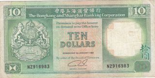 10 Dollars Fine Banknote From British Hong Kong 1992 Pick - 191