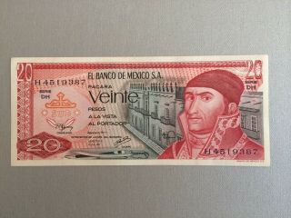 20 Peso Mexico Banknote 1977 Cir Morelos Ser 4519387 Bdm Mexico