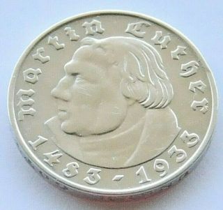 German Coin 2 Reichsmark 1933 D Martin Luther Silver 3rd Reich Ww2 Anniversary