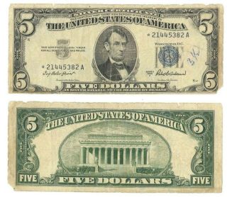 Us $5 Five Dollar Silver Certificate 1953 A Star Bank Note