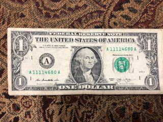 Solid First Quad 1111 In $1 Dollar Bill Fancy Unique Serial Number Notes