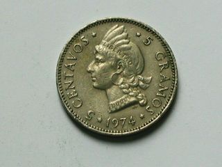 Dominican Republic 1974 5 Centavos Coin With Liberty Indian & Coat Of Arms