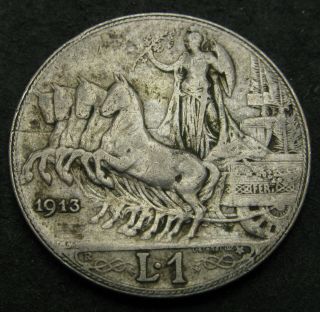 Italy 1 Lira 1913 R - Silver - Vittorio Emanuele Iii.  - F/vf - 3479