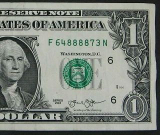 2013 $1 (one Dollar) – Note,  Bill - Fancy Number – Four 8’s,  Center Quad 8888