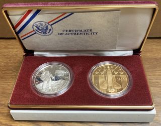 1988 America In Space Young Astronaut.  900 Silver And Bronze 2 Coin Set Box