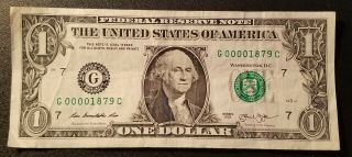 2013 FRN Chicago,  IL 1 dollar FANCY low serial number G00001879C 2