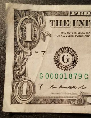 2013 FRN Chicago,  IL 1 dollar FANCY low serial number G00001879C 3