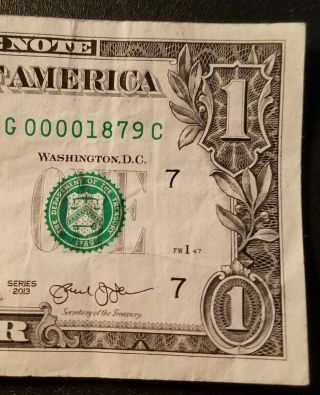 2013 FRN Chicago,  IL 1 dollar FANCY low serial number G00001879C 4
