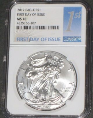Ngc Ms 70 - 2017 S$1 1oz Silver American Eagle First Day Of Issue - Bullion