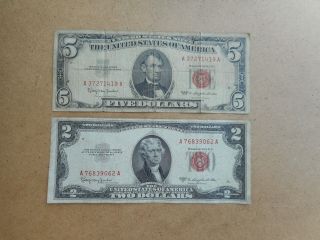 2 Red Seal Bills 1963 $5 Dollar Bill & 1953 $2 Dollar Bill
